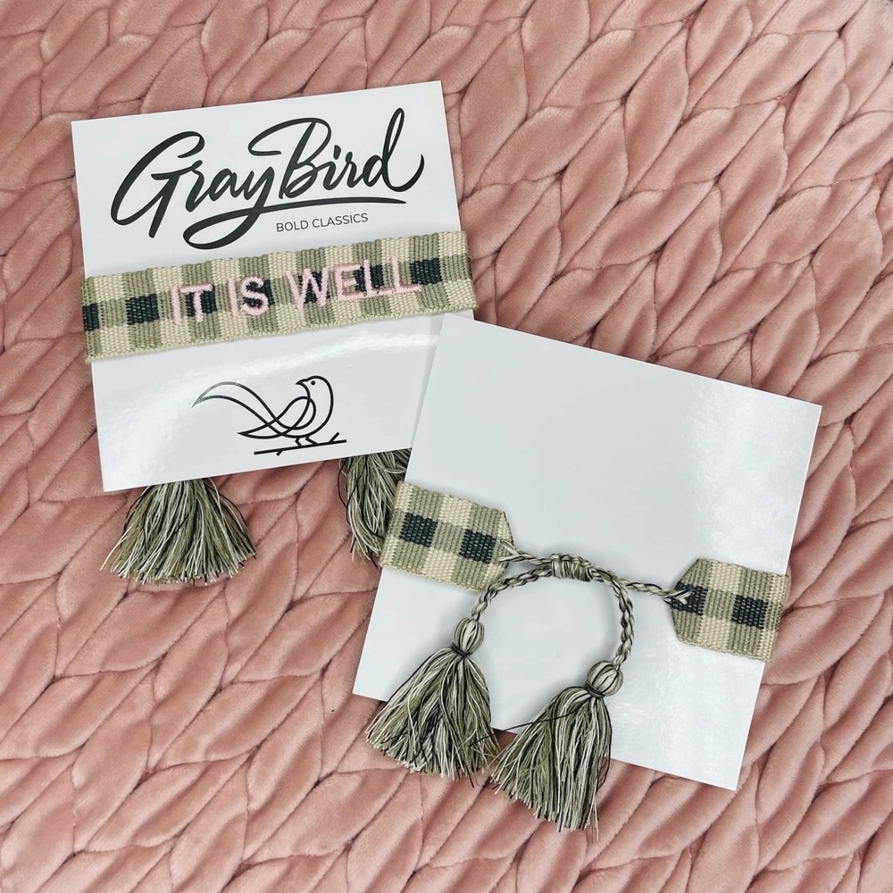 Plaid Tassel Bracelet Set - Green and Gray